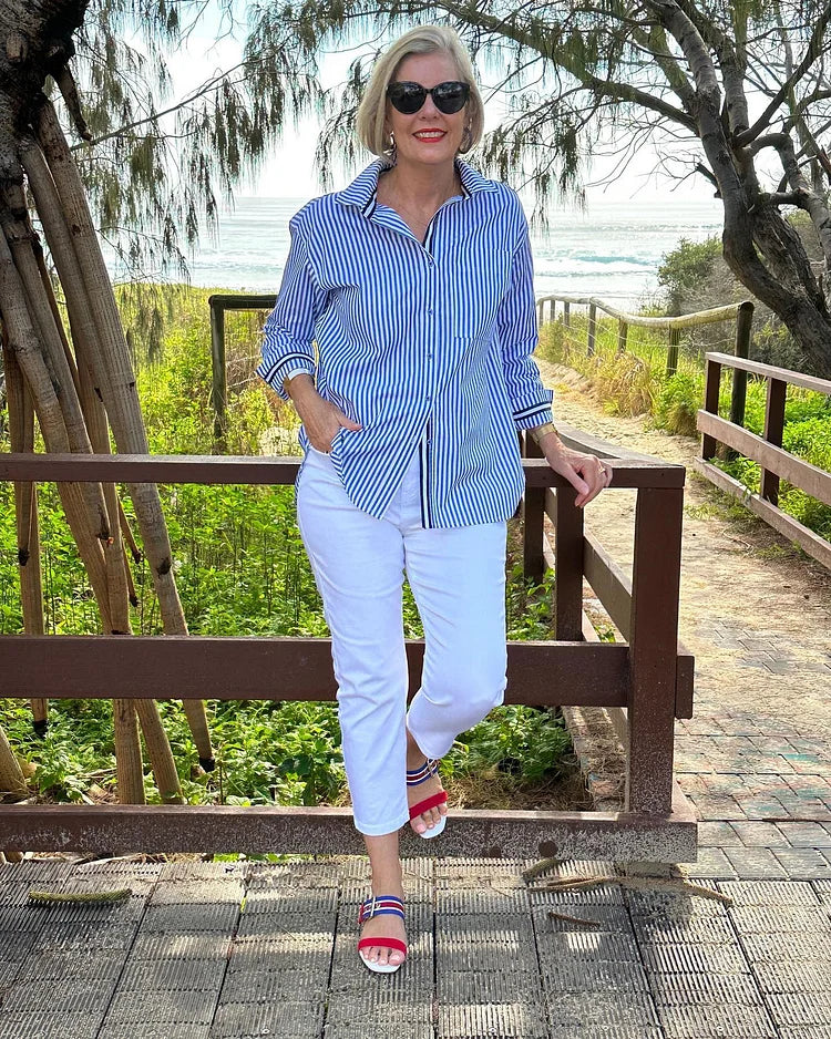 Striped Button-Up Shirt with Contrast Trim