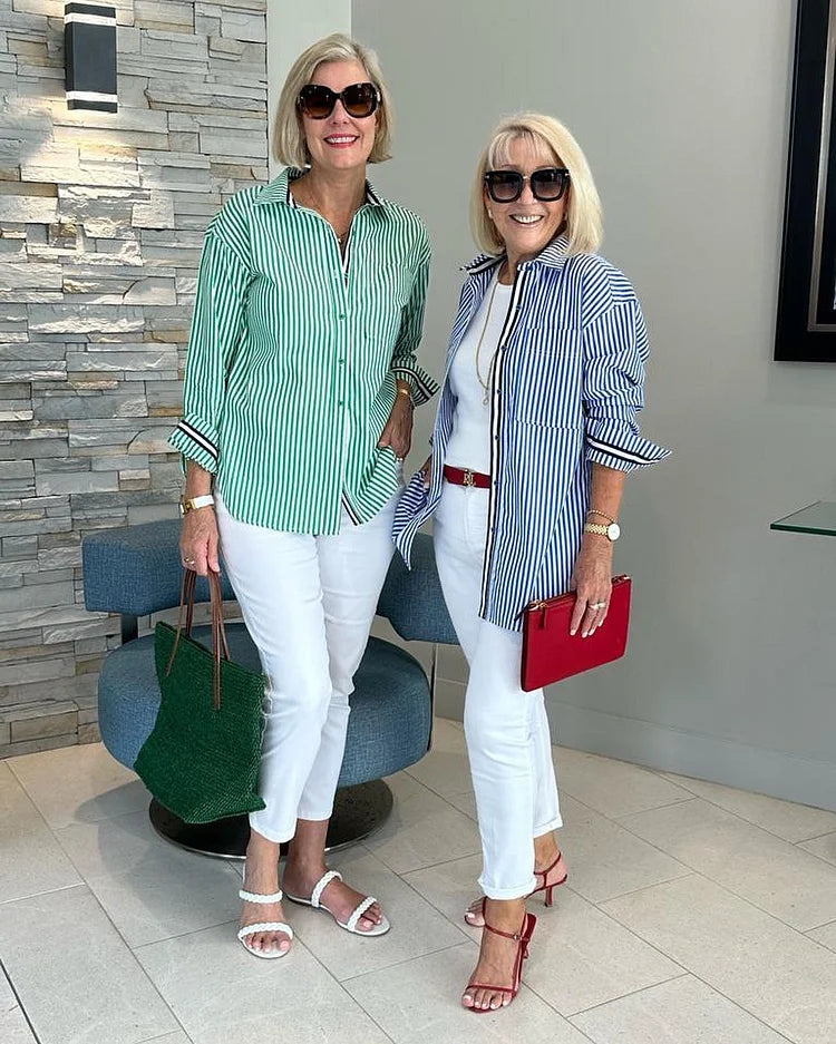 Striped Button-Up Shirt with Contrast Trim
