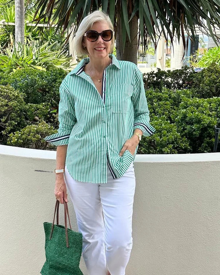 Striped Button-Up Shirt with Contrast Trim