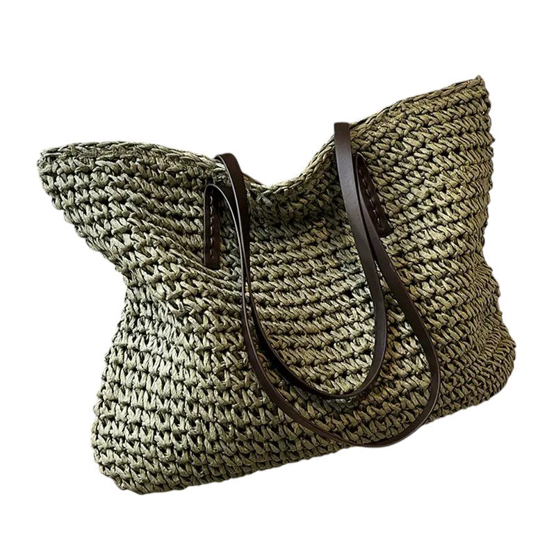 Woven Straw Tote Bag with Leather Straps