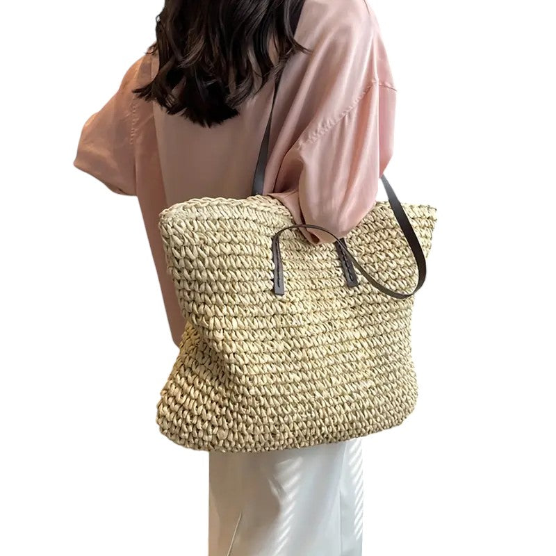 Woven Straw Tote Bag with Leather Straps