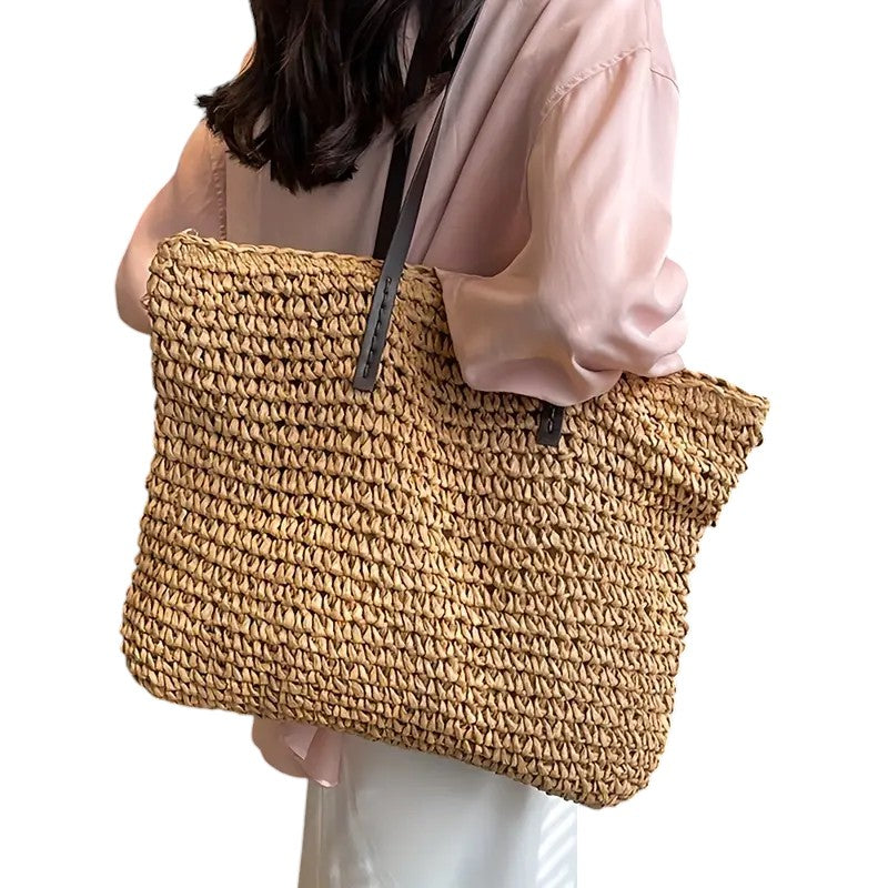Woven Straw Tote Bag with Leather Straps