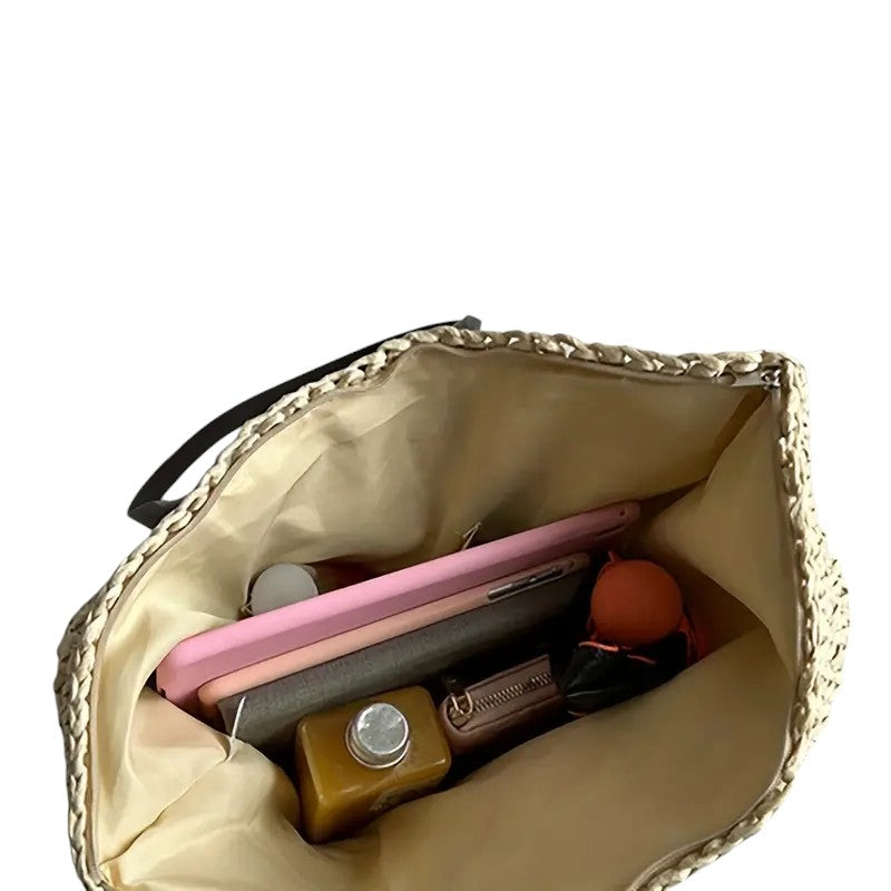 Woven Straw Tote Bag with Leather Straps