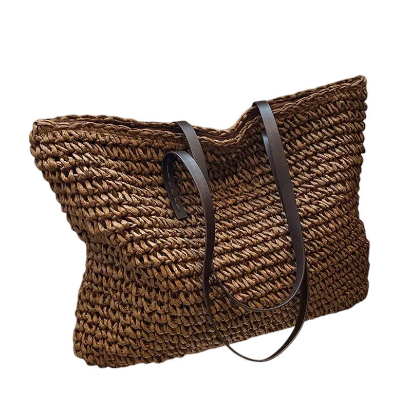 Woven Straw Tote Bag with Leather Straps