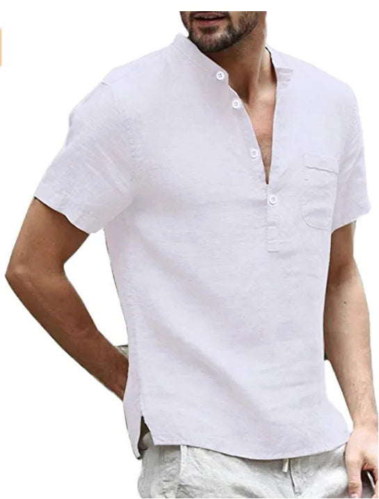 Men's Cotton Linen Henley Shirt for Summer