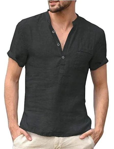 Men's Cotton Linen Henley Shirt for Summer