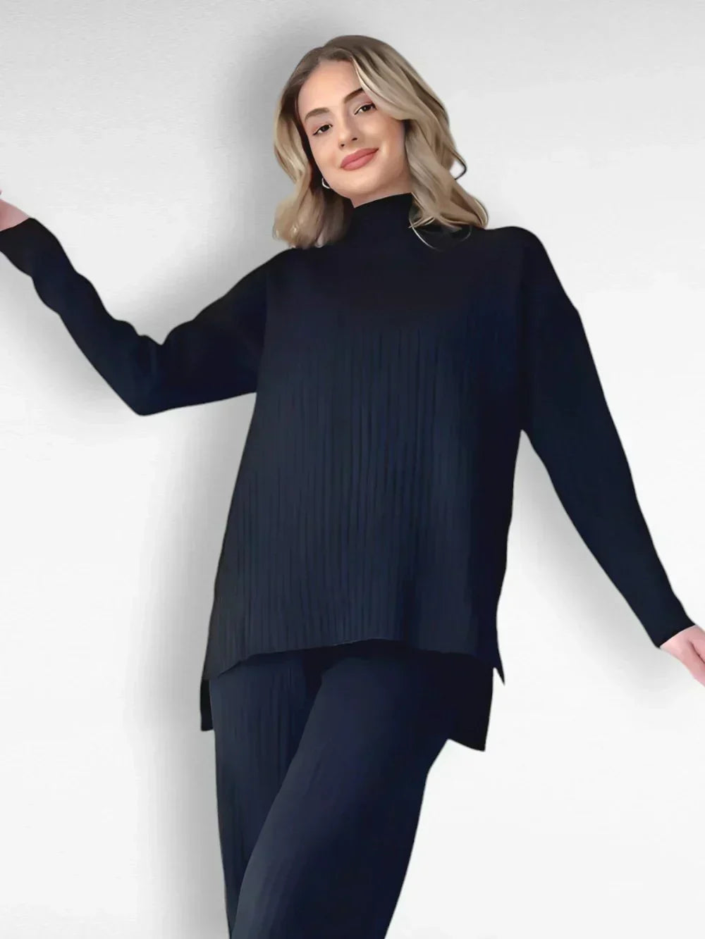 Women's Ribbed High-Neck Jumper and Wide-Leg Trousers Set