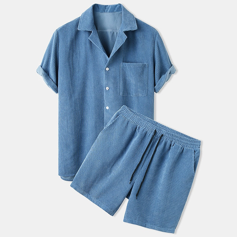 Camp Collar Shirt and Shorts Set with Chest Pocket