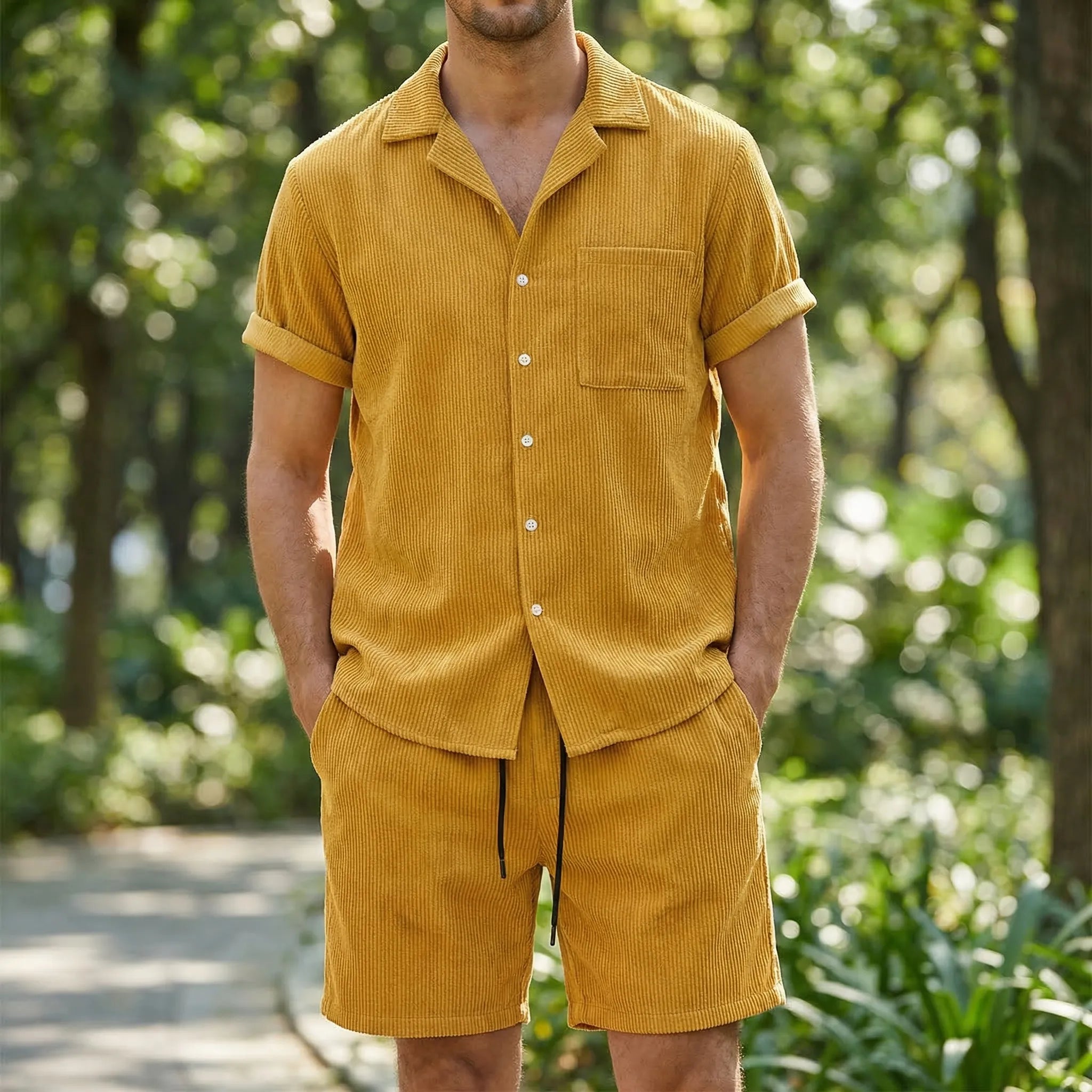 Camp Collar Shirt and Shorts Set with Chest Pocket