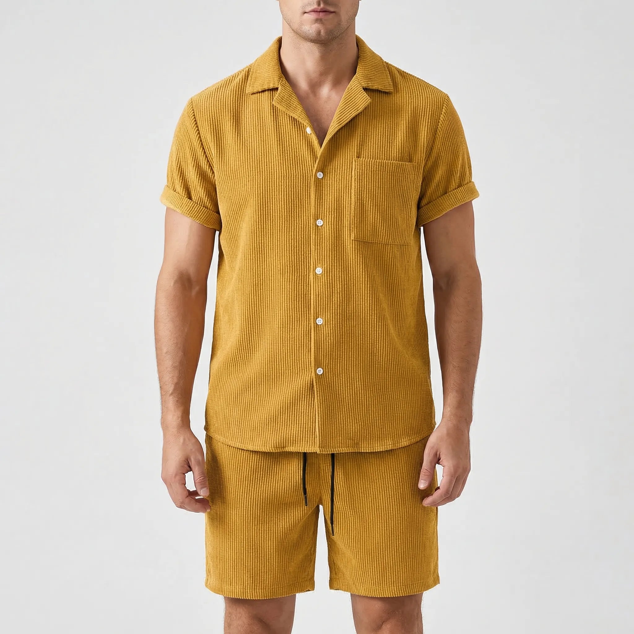 Camp Collar Shirt and Shorts Set with Chest Pocket