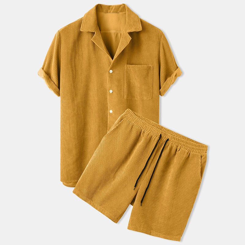 Camp Collar Shirt and Shorts Set with Chest Pocket