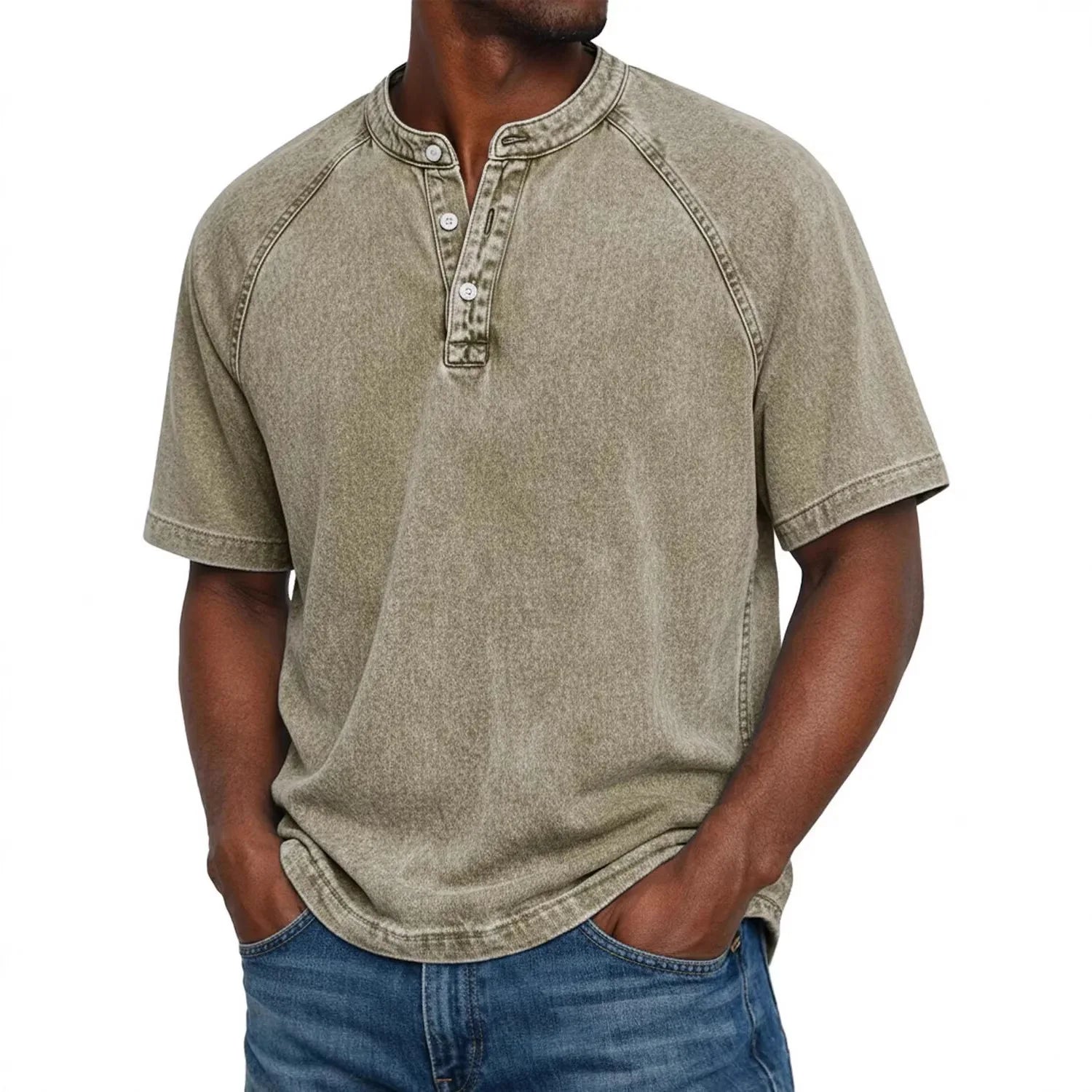 Washed Henley T-Shirt with Raglan Sleeves