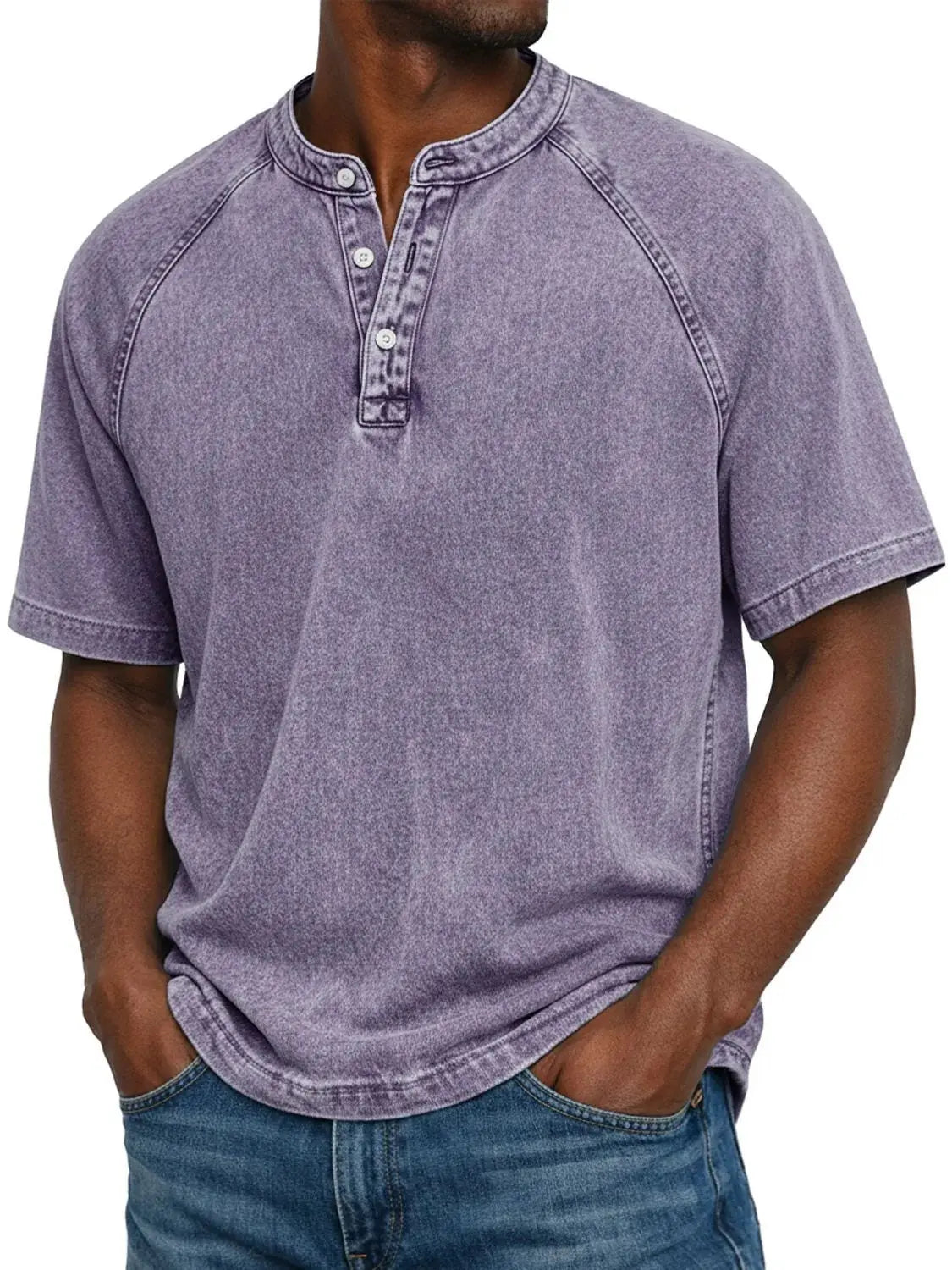 Washed Henley T-Shirt with Raglan Sleeves