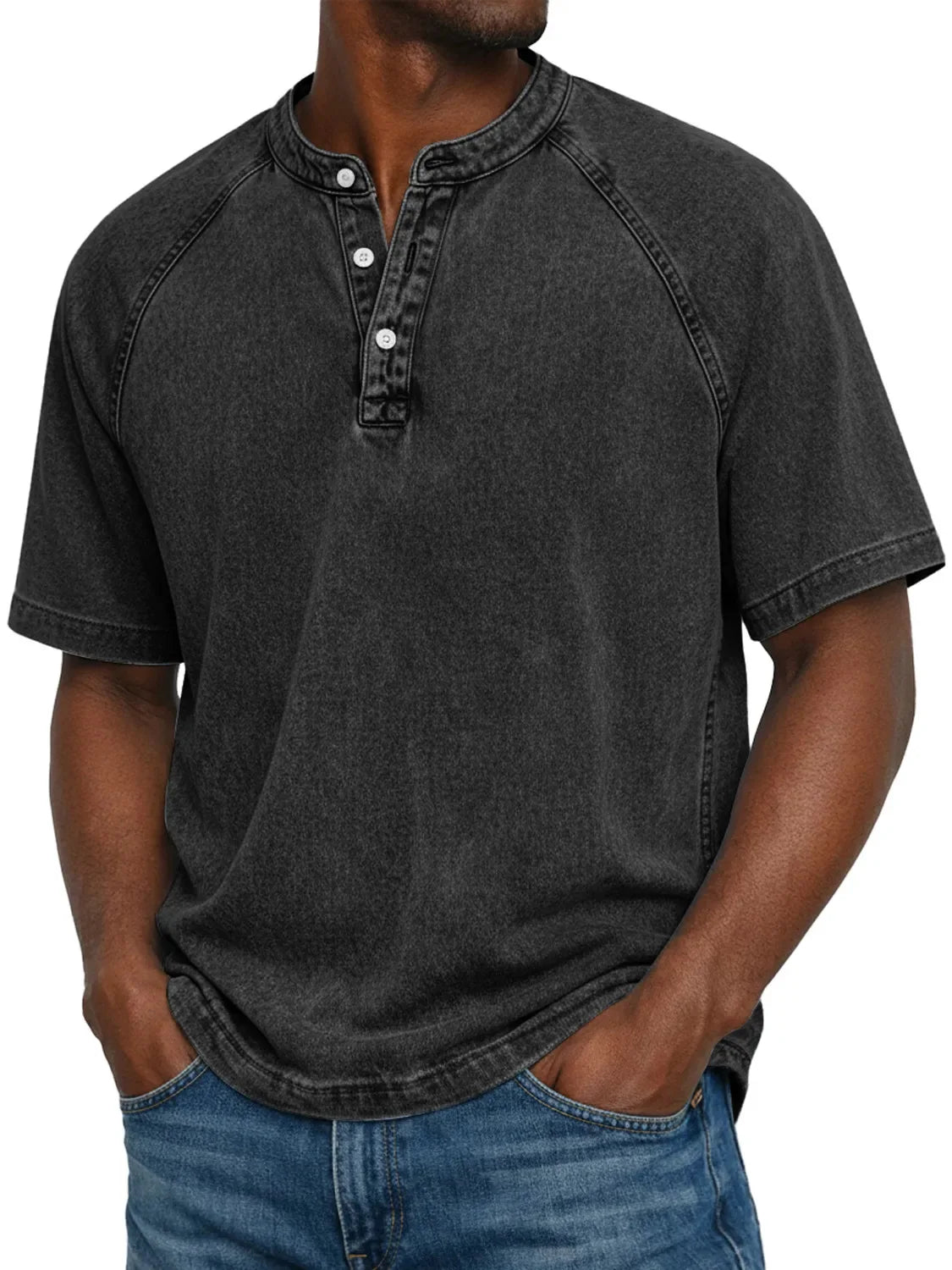 Washed Henley T-Shirt with Raglan Sleeves
