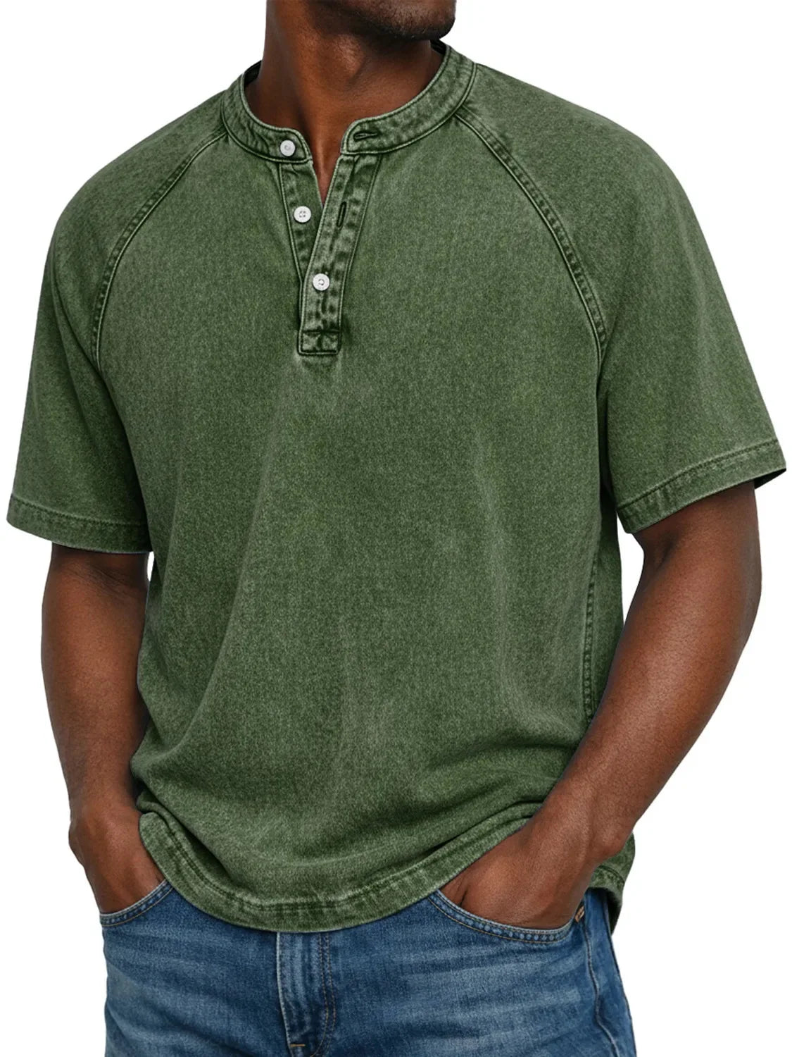 Washed Henley T-Shirt with Raglan Sleeves