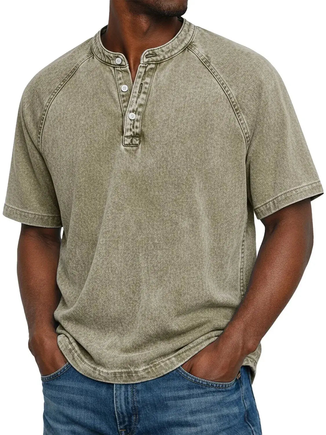 Washed Henley T-Shirt with Raglan Sleeves