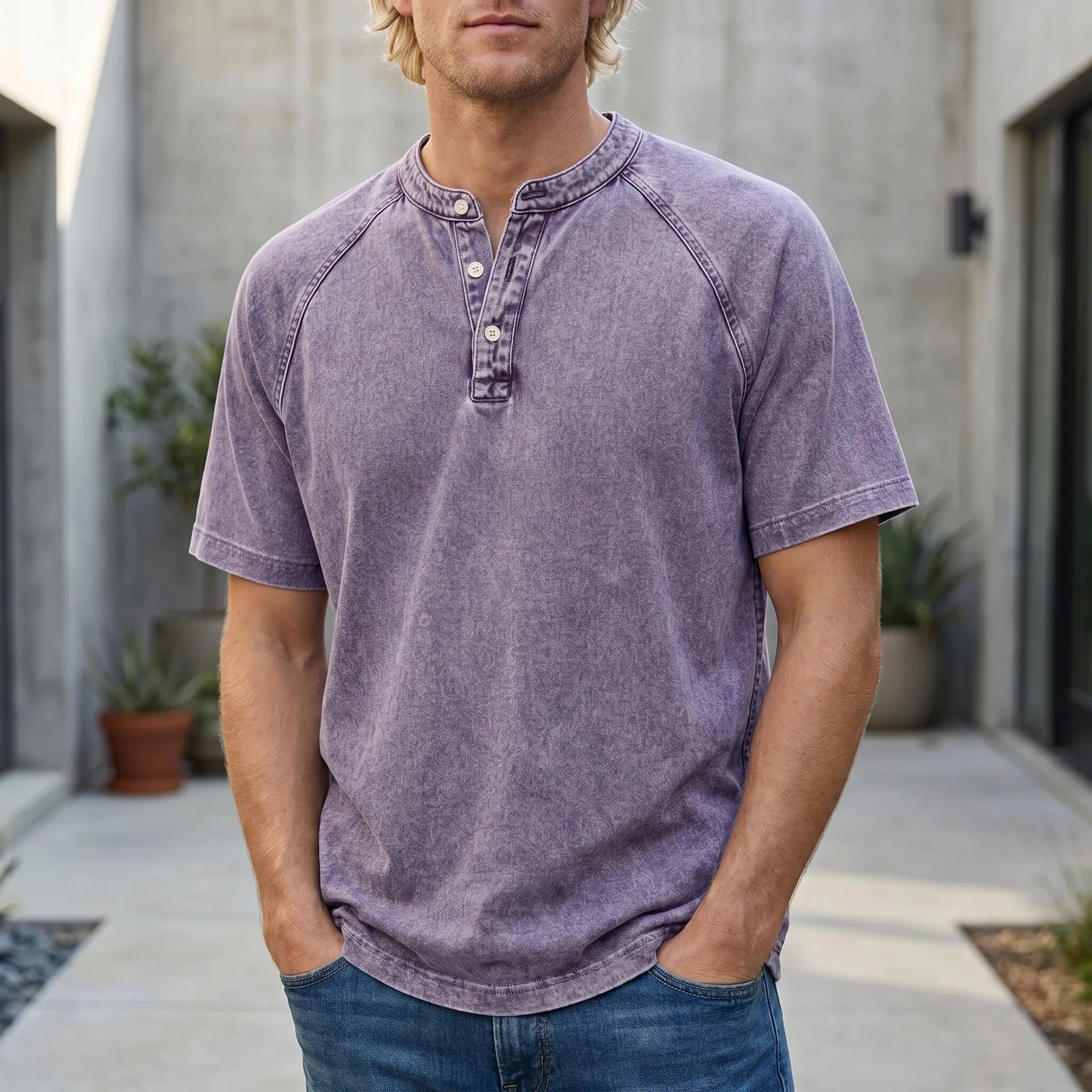 Washed Henley T-Shirt with Raglan Sleeves