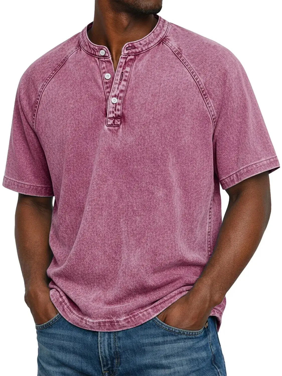 Washed Henley T-Shirt with Raglan Sleeves