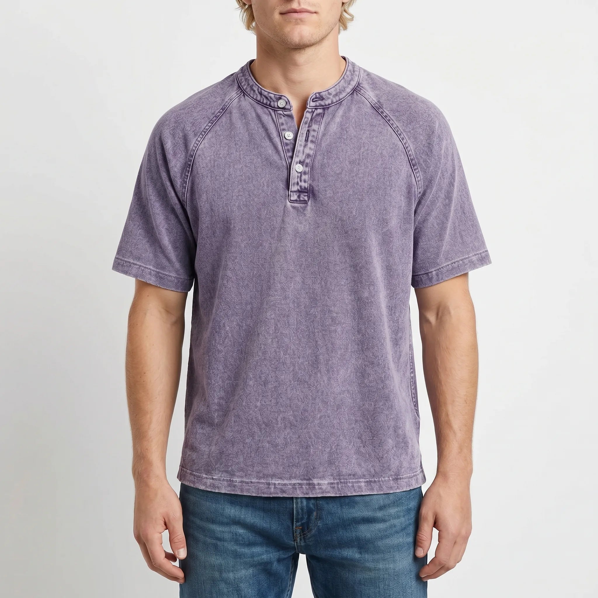 Washed Henley T-Shirt with Raglan Sleeves