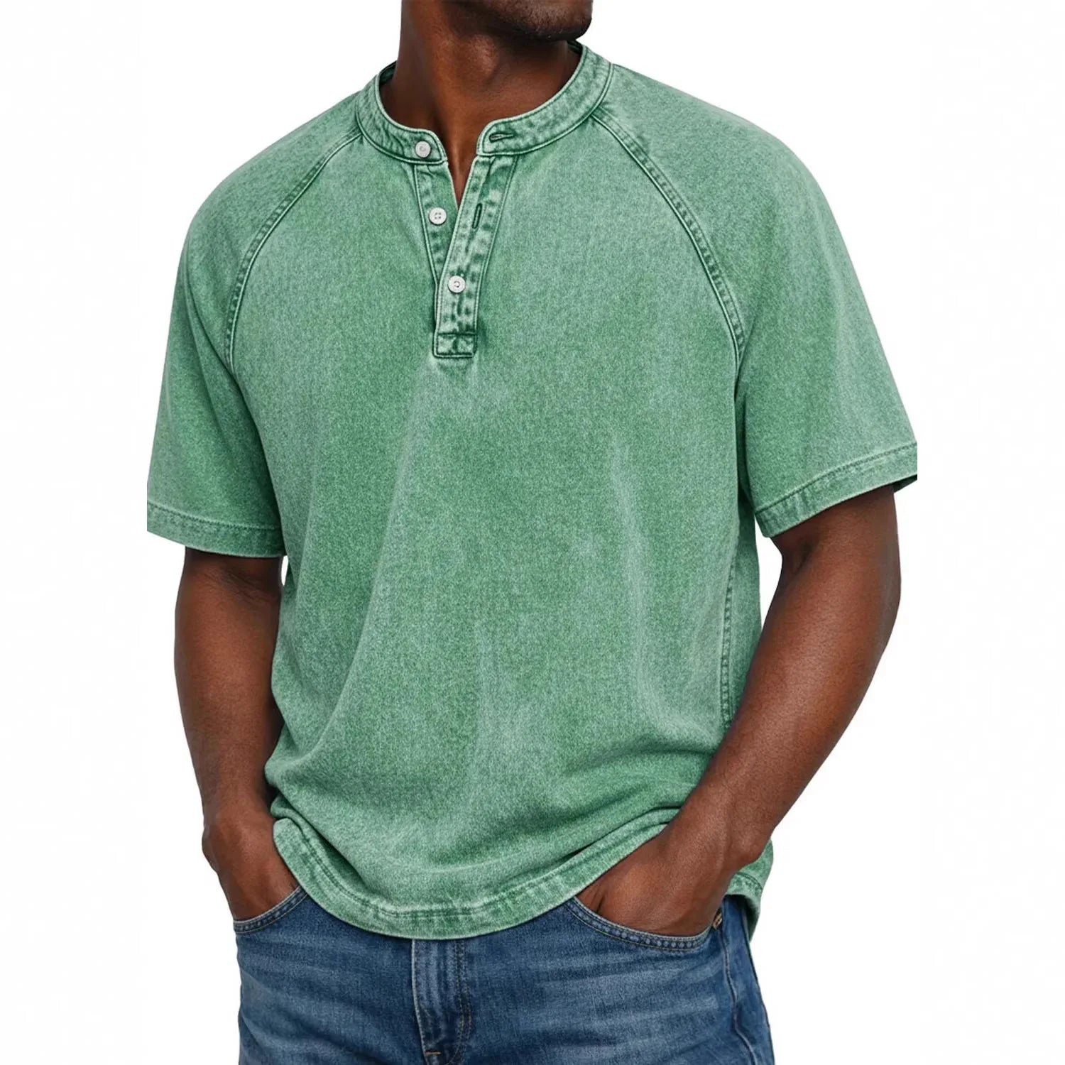 Washed Henley T-Shirt with Raglan Sleeves