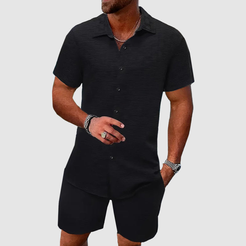Men's Short Sleeve Shirt and Shorts Set in Textured Cotton
