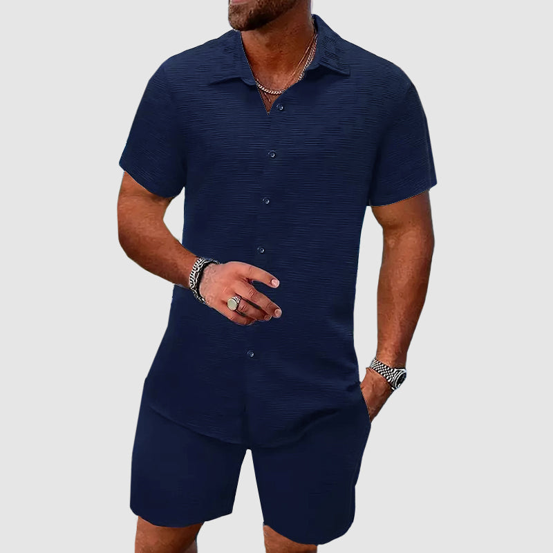 Men's Short Sleeve Shirt and Shorts Set in Textured Cotton