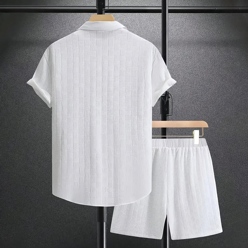 Men's Short Sleeve Shirt and Shorts Set in Textured Cotton