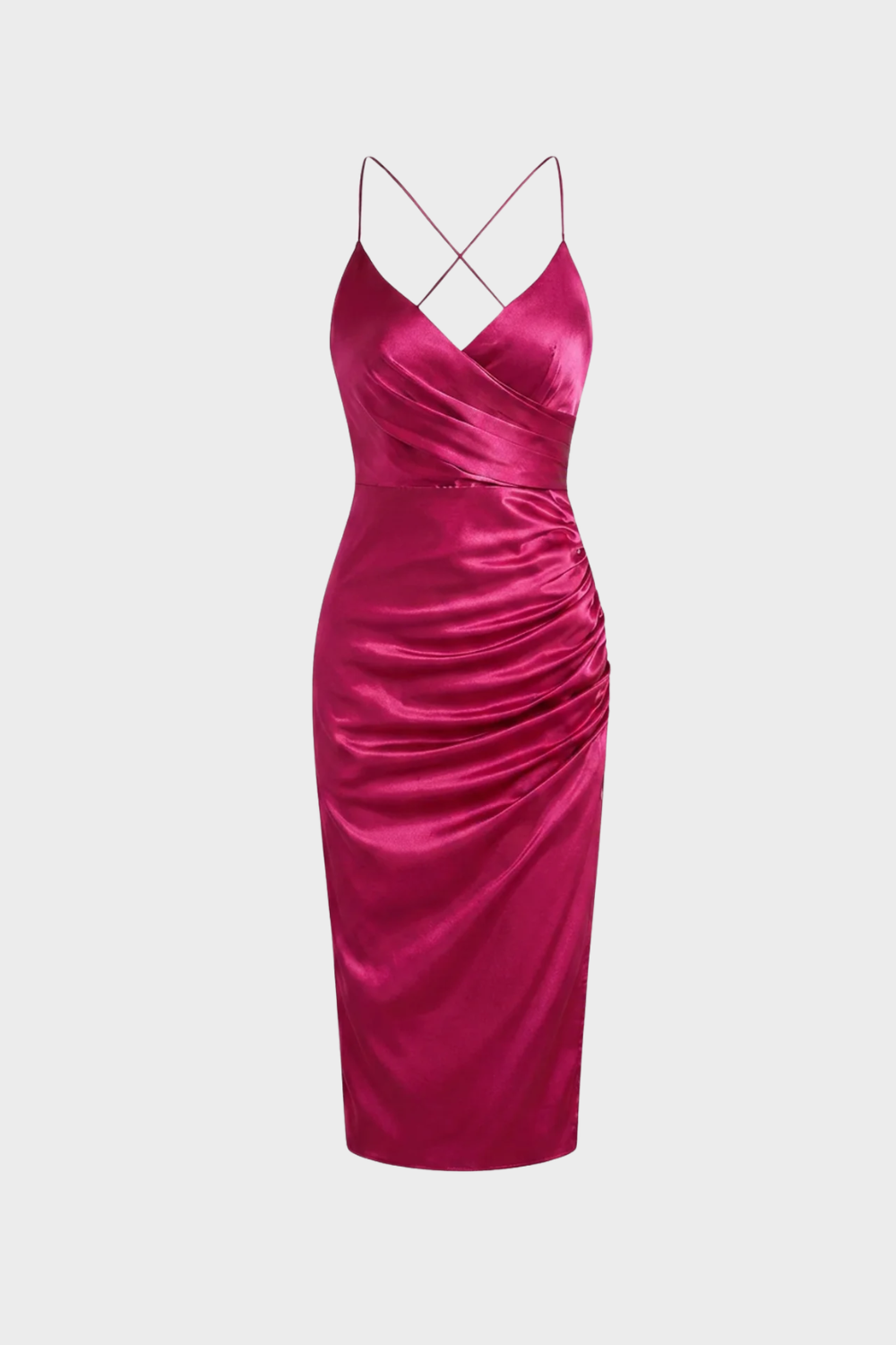 Satin Midi Dress with Ruched Side and Crossed Straps