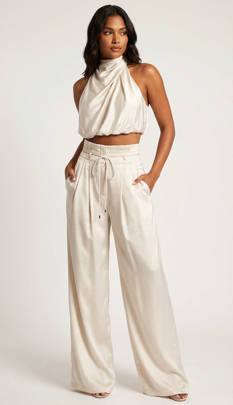 Women's Halter Top & Wide Leg Trousers Set | Satin Two Piece