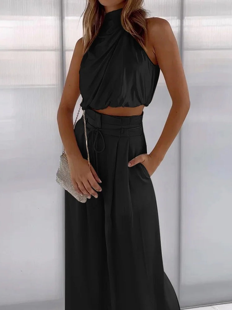 Women's Halter Top & Wide Leg Trousers Set | Satin Two Piece