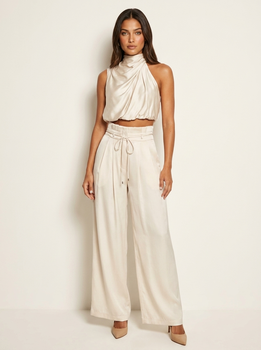 Women's Halter Top & Wide Leg Trousers Set | Satin Two Piece