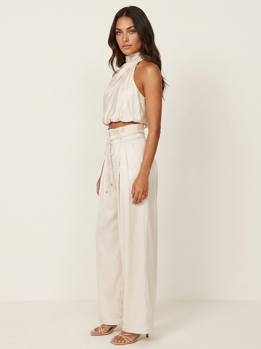 Women's Halter Top & Wide Leg Trousers Set | Satin Two Piece