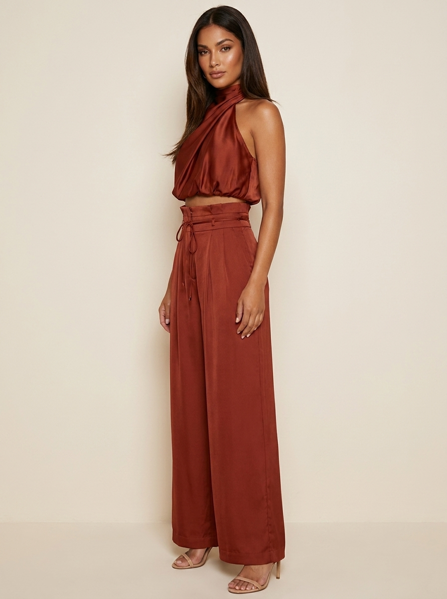 Women's Halter Top & Wide Leg Trousers Set | Satin Two Piece