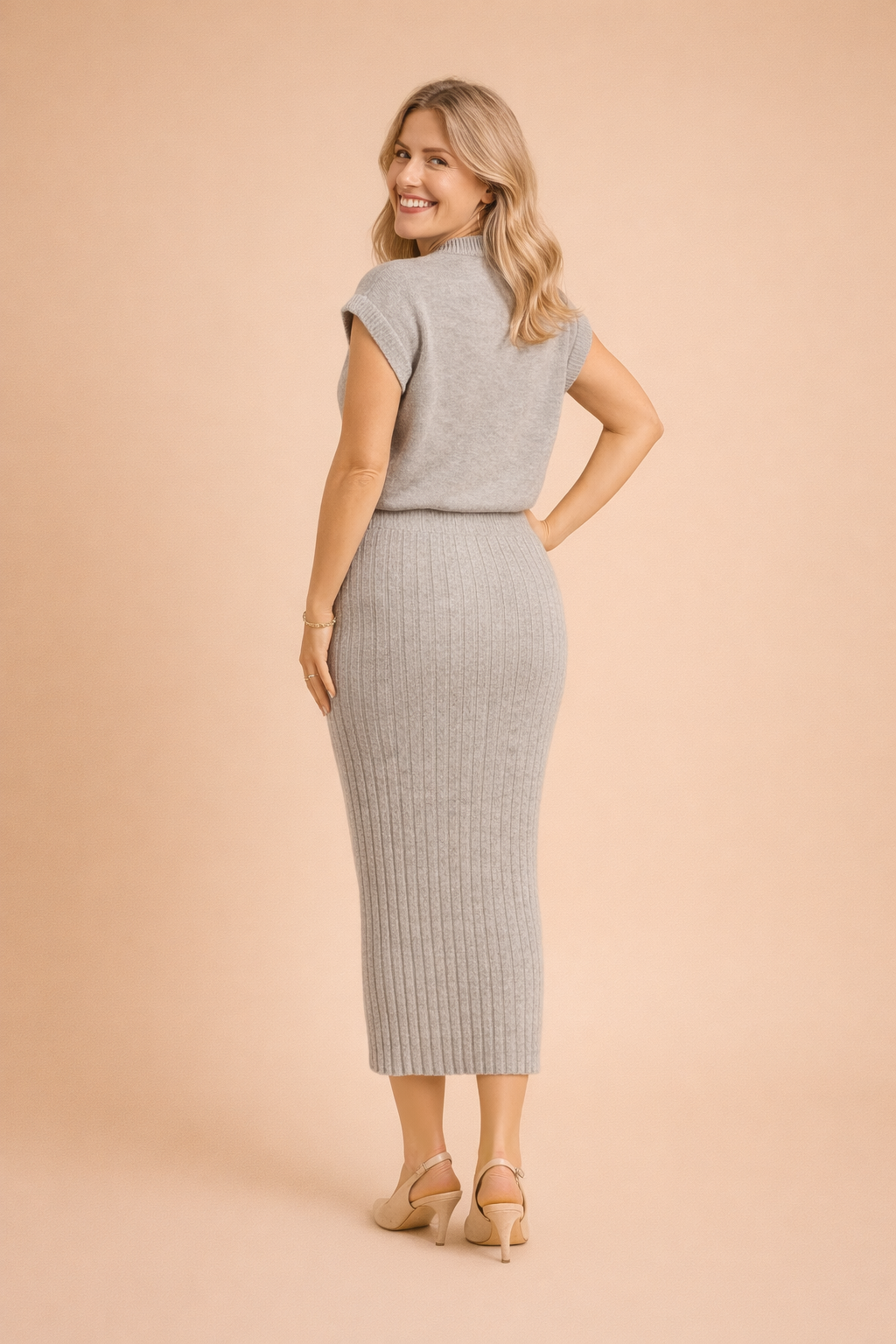 Ribbed Knit Top and Midi Skirt Co-Ord Set
