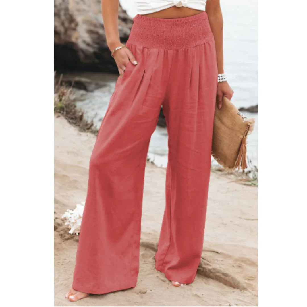 Pantalon palazzo en lin à taille haute et jambes larges pour femme
