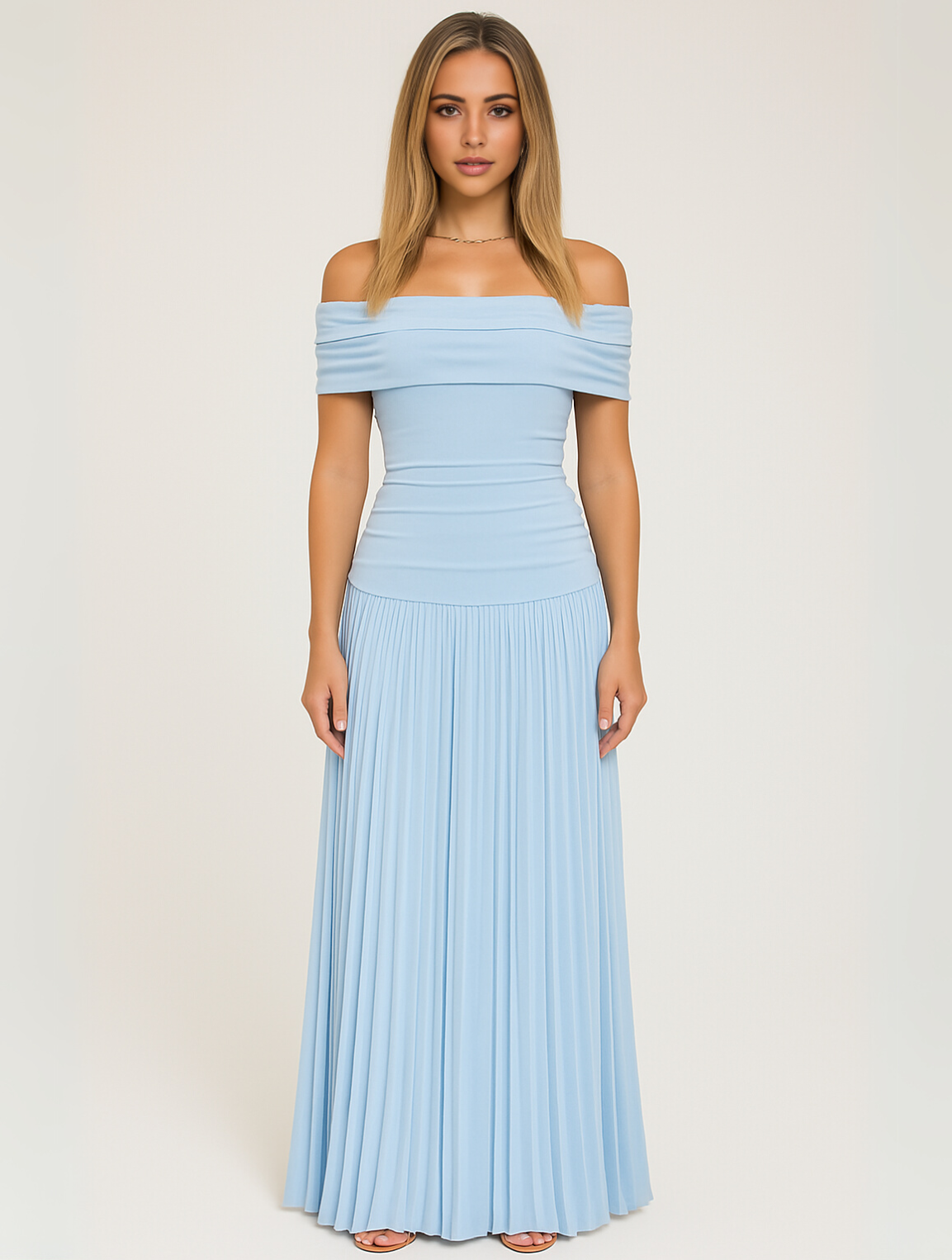 Women's Off-Shoulder Pleated Maxi Dress | Ruched Bodice