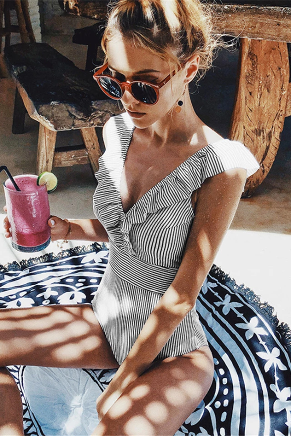 Women's Striped Ruffle One-Piece Swimsuit