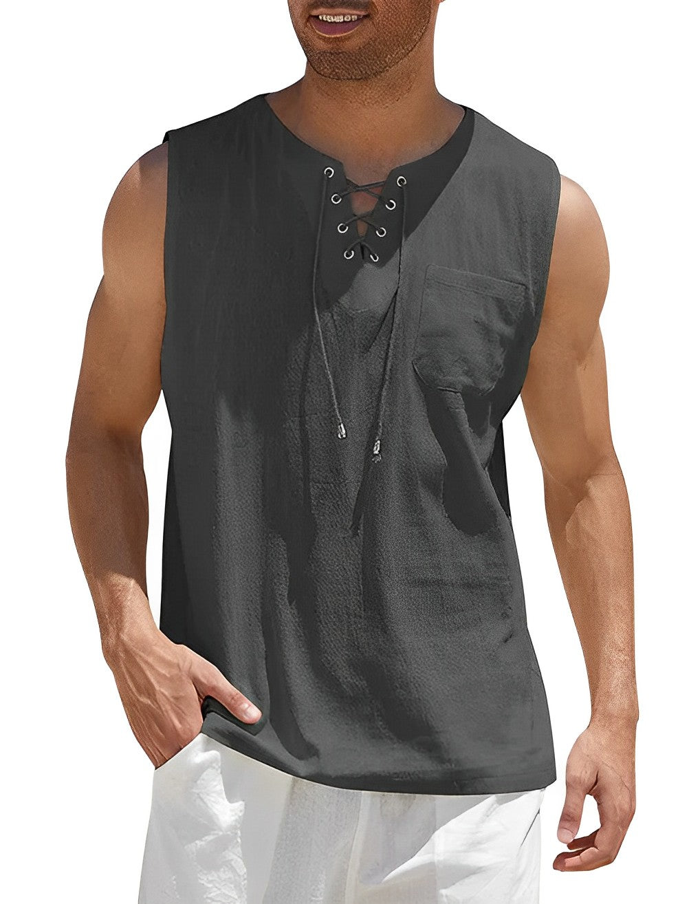 Lace-Up Tank Top with Chest Pocket