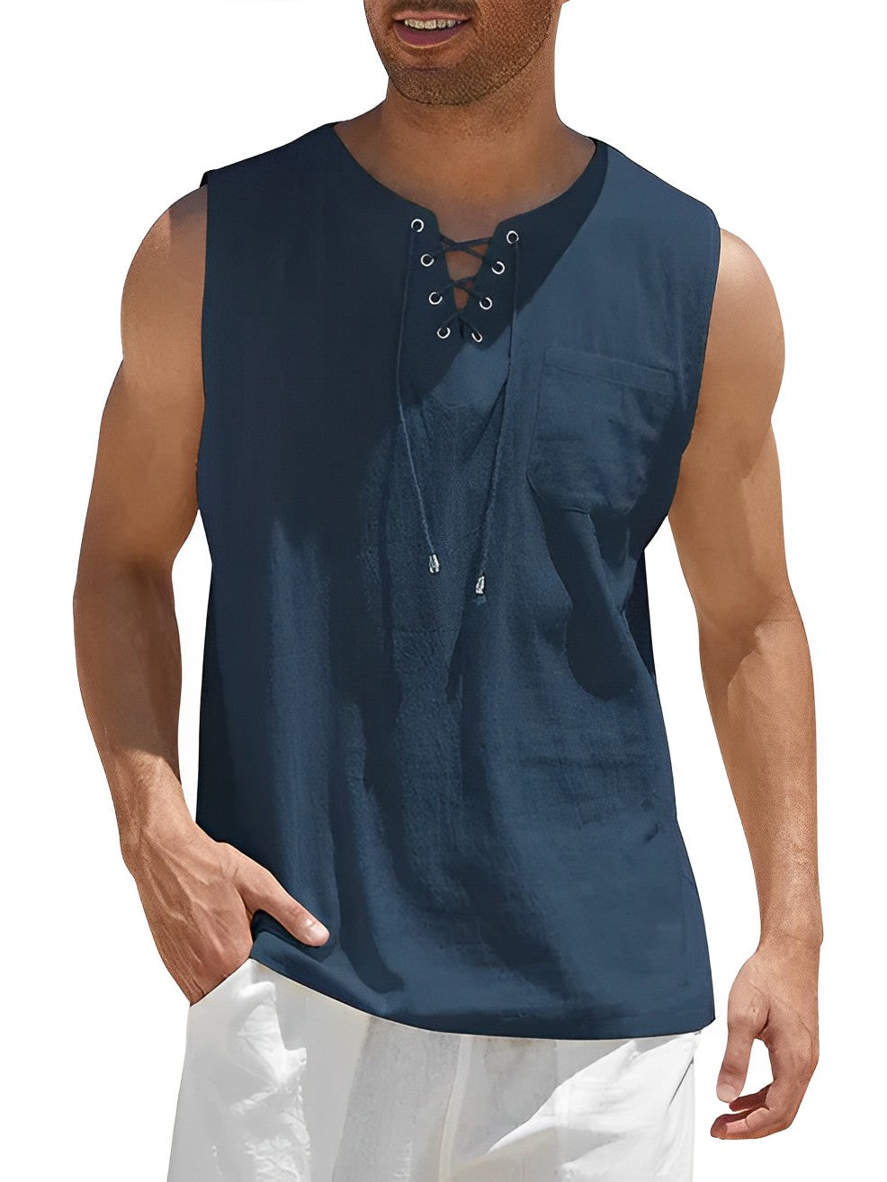 Lace-Up Tank Top with Chest Pocket
