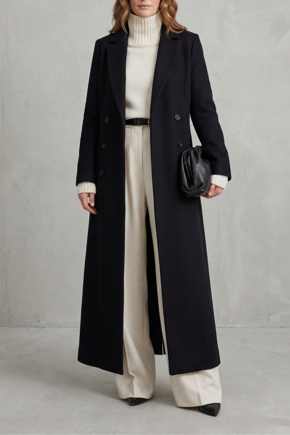 Manteau long ajusté pour femme en mélange de laine avec devant croisé