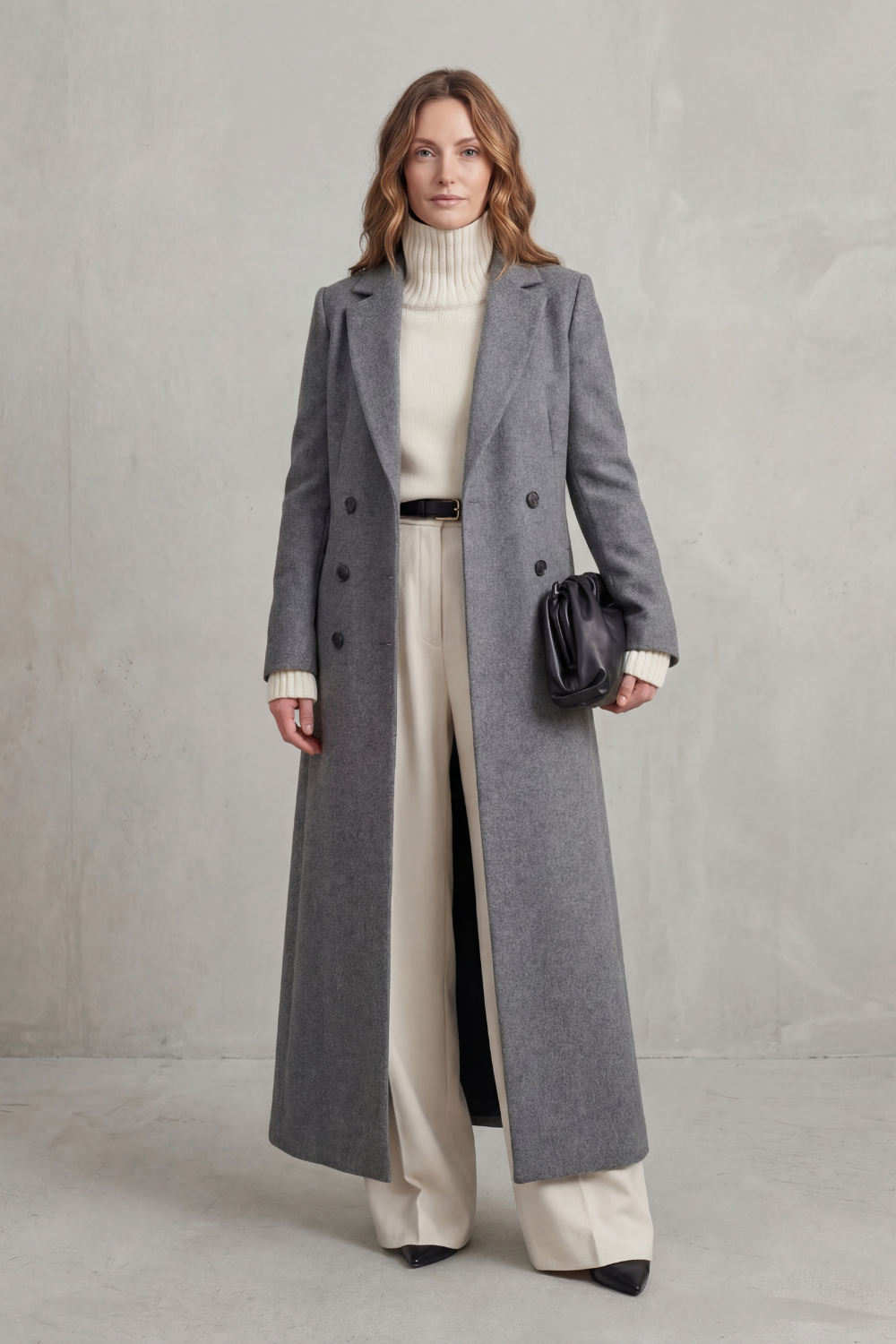 Manteau long ajusté pour femme en mélange de laine avec devant croisé