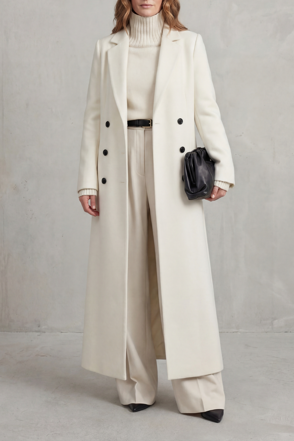 Manteau long ajusté pour femme en mélange de laine avec devant croisé