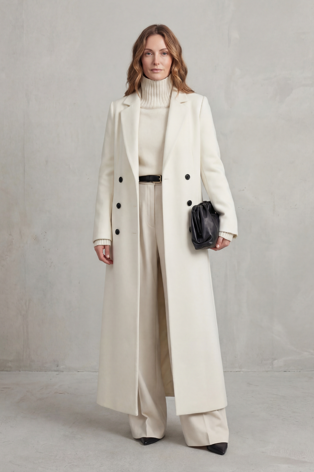 Manteau long ajusté pour femme en mélange de laine avec devant croisé