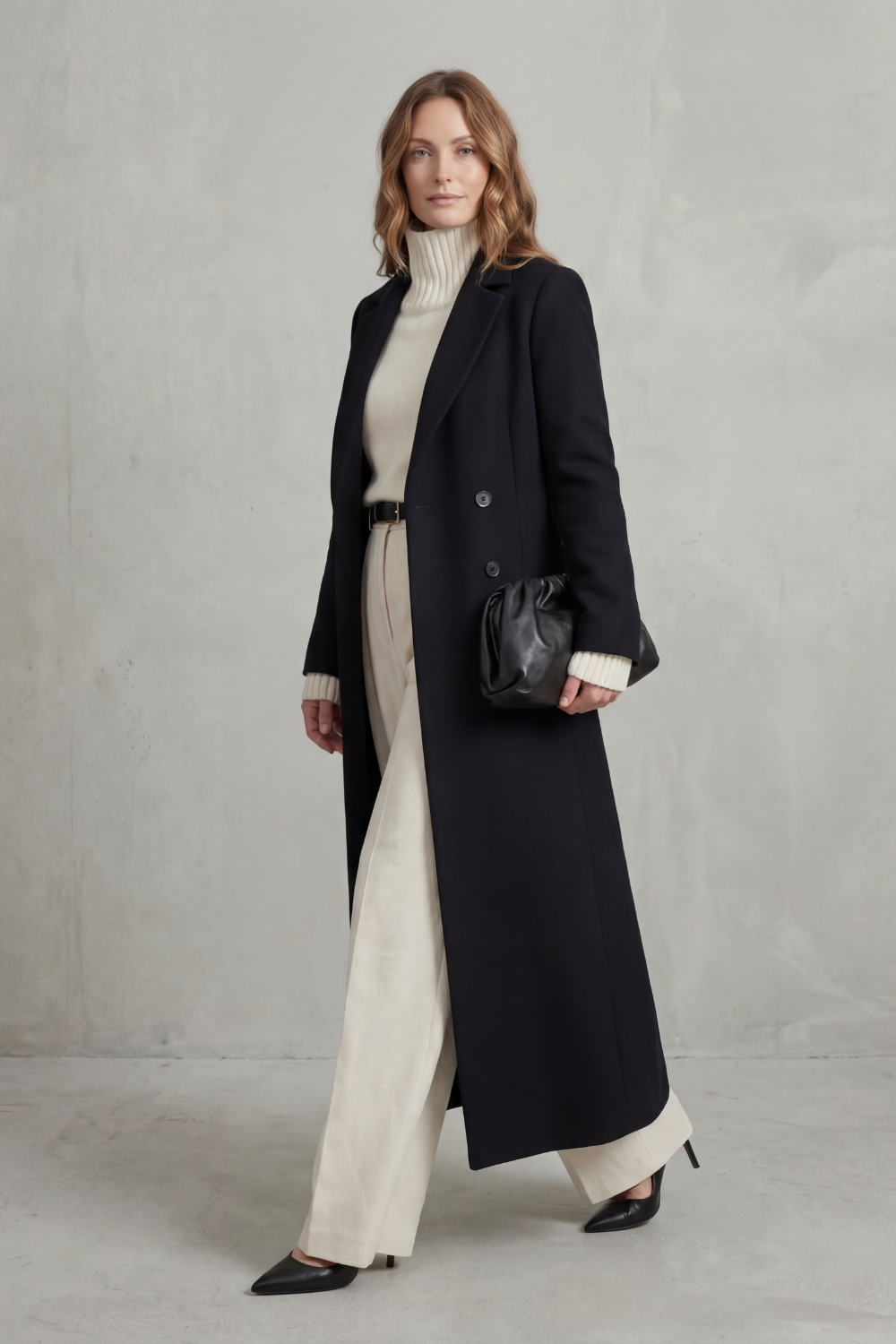 Manteau long ajusté pour femme en mélange de laine avec devant croisé