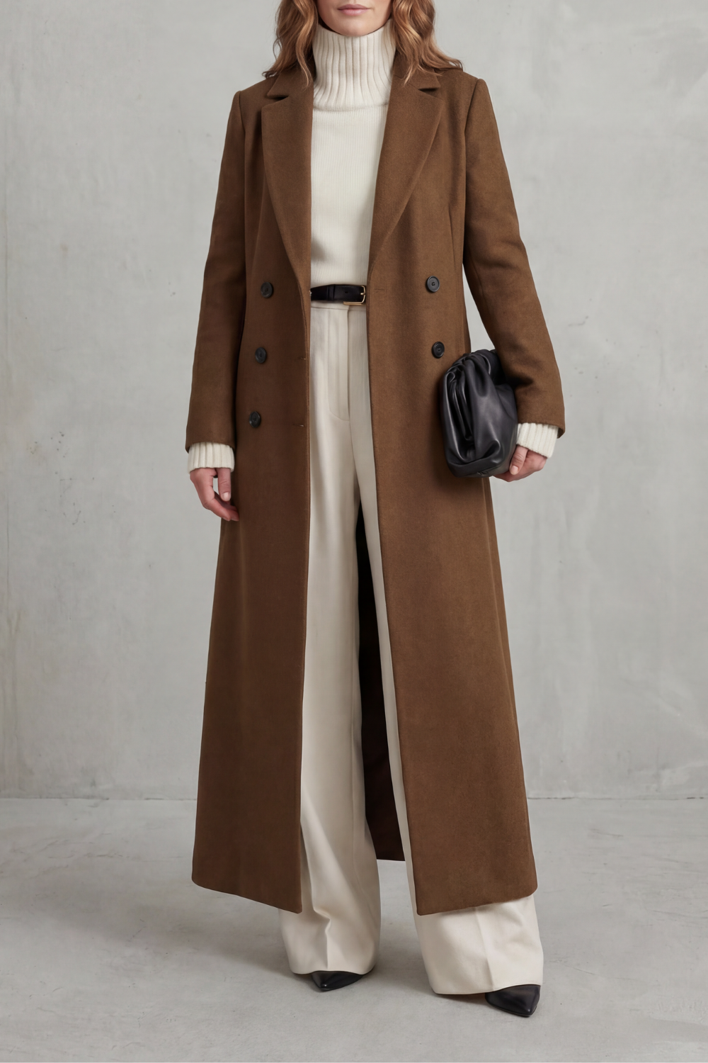 Manteau long ajusté pour femme en mélange de laine avec devant croisé