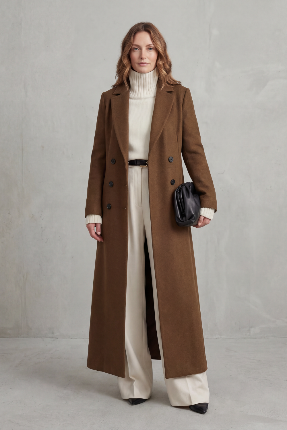Manteau long ajusté pour femme en mélange de laine avec devant croisé