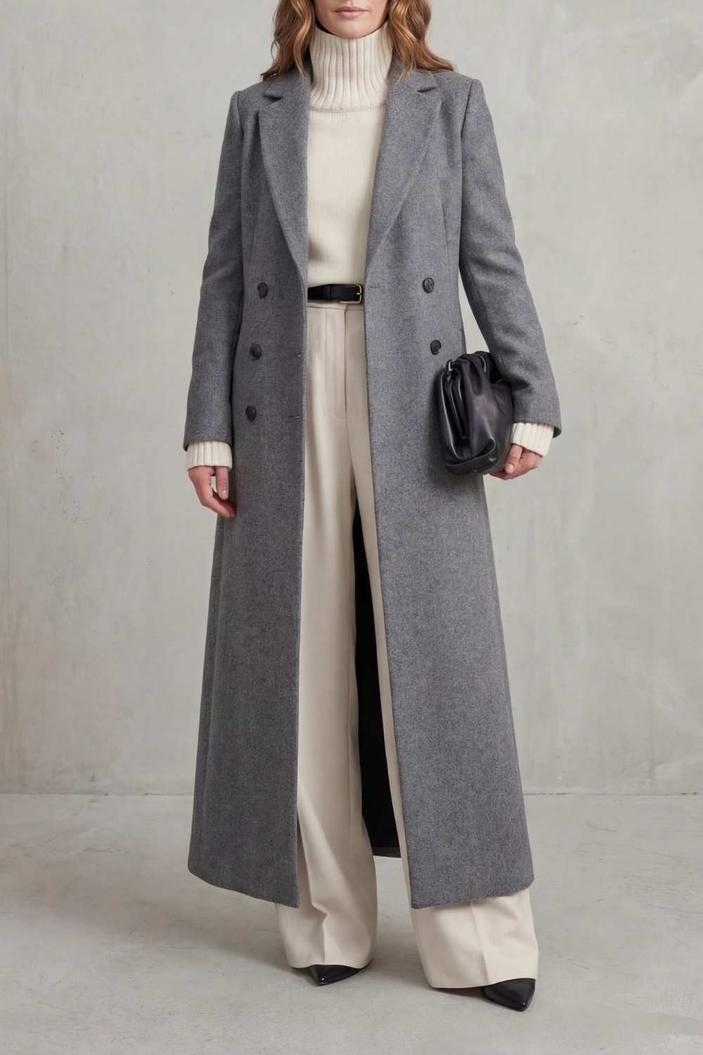 Manteau long ajusté pour femme en mélange de laine avec devant croisé