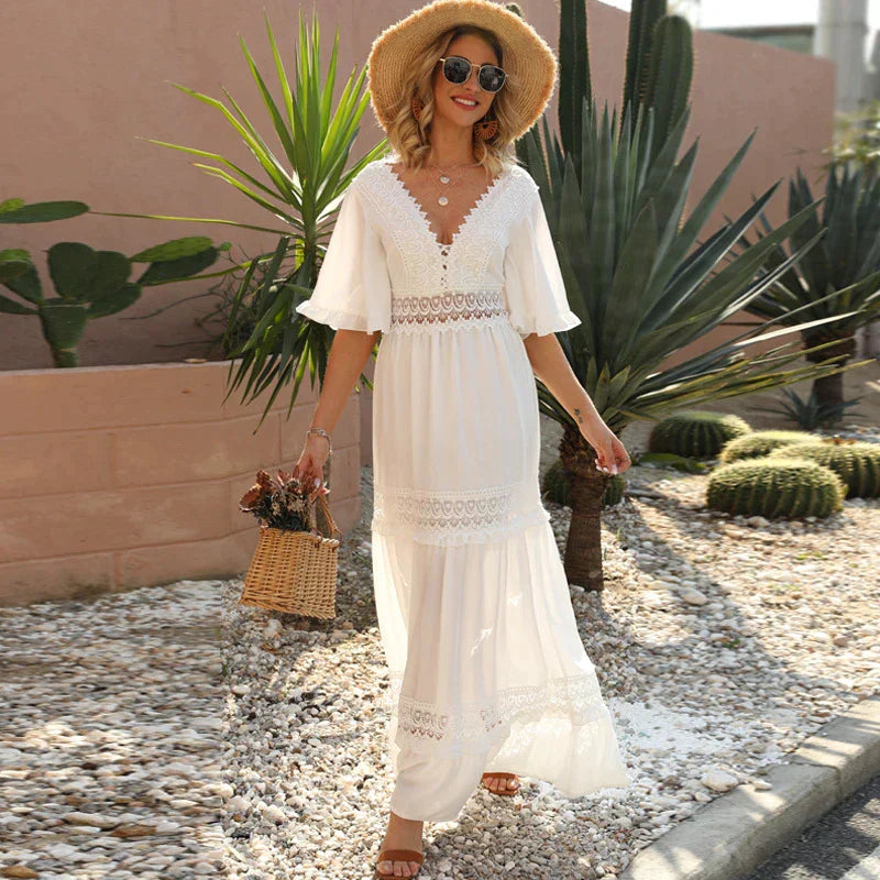 Lace Trim Boho Maxi Dress with Puff Sleeves