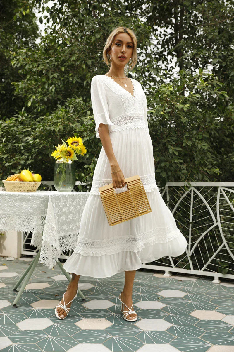 Lace Trim Boho Maxi Dress with Puff Sleeves