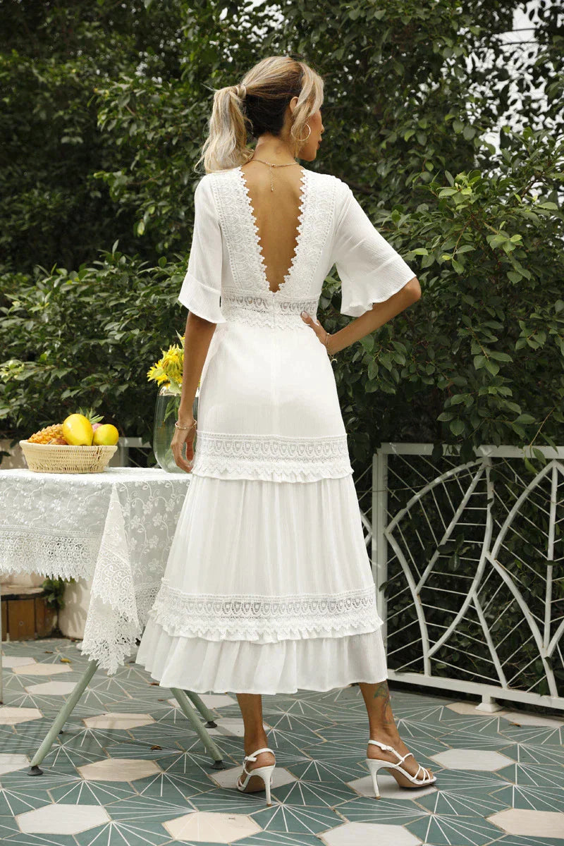Lace Trim Boho Maxi Dress with Puff Sleeves